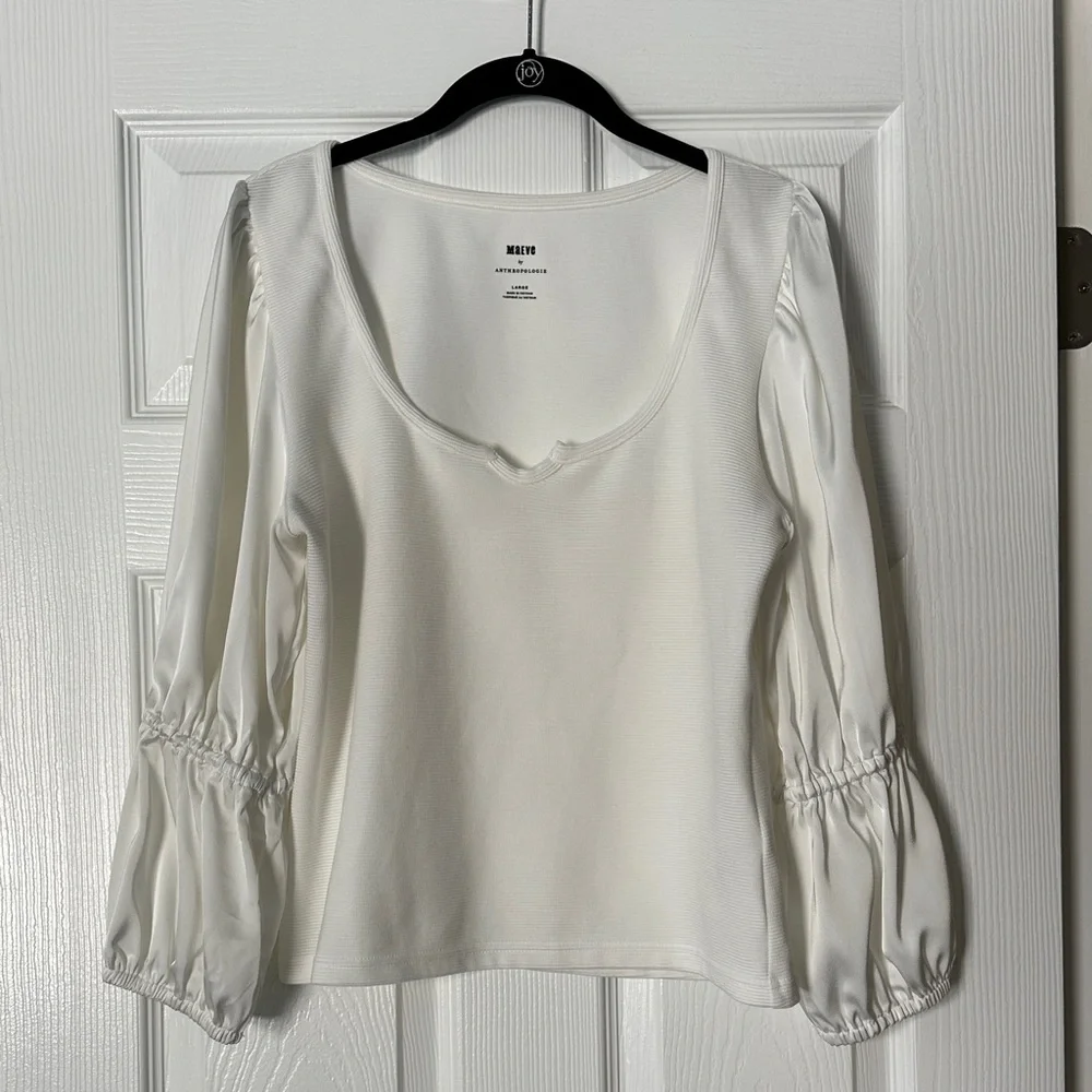 Anthropologie Maeve White Satin Puff Sleeve Top Size Large